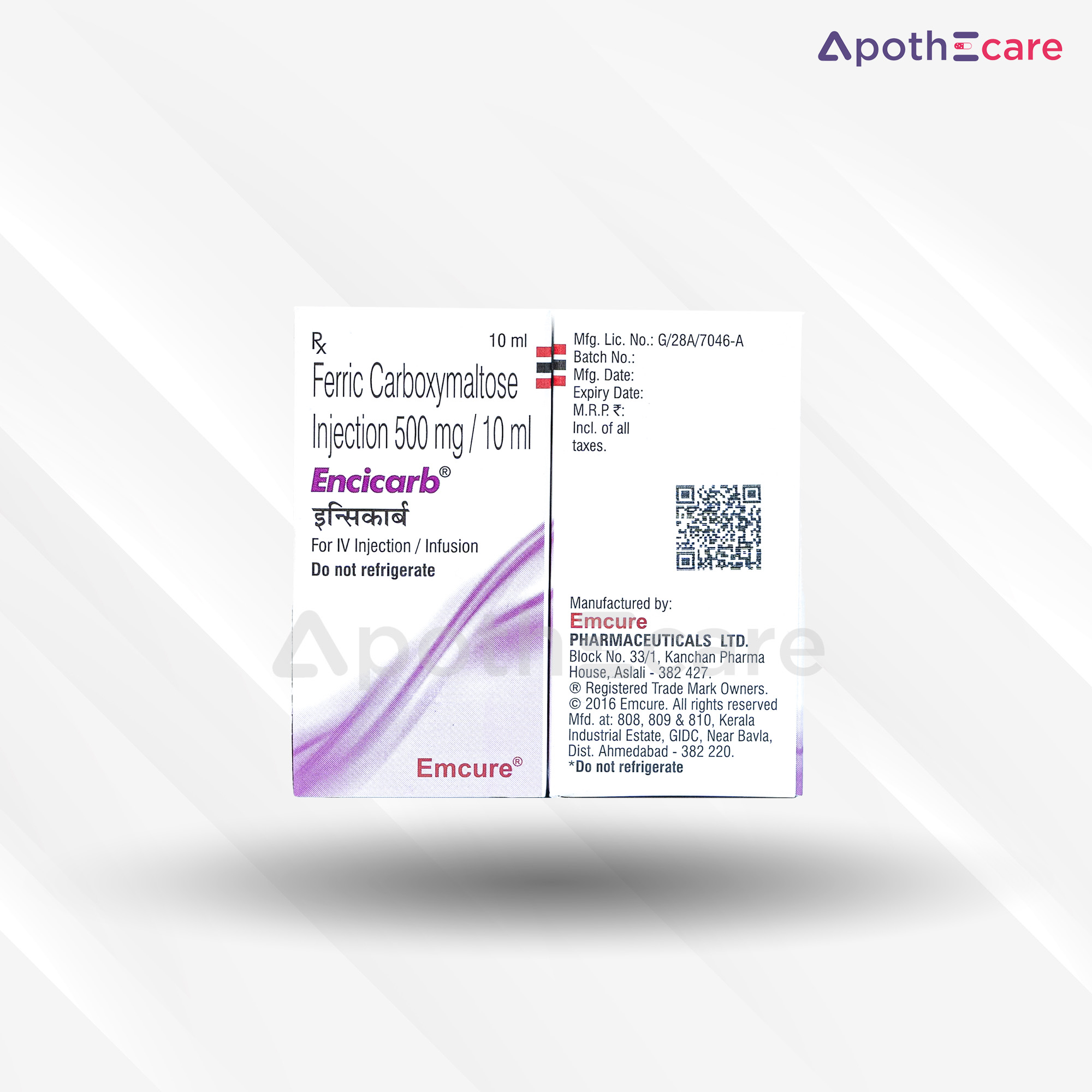 Encicarb 500mg/10ml Injection, a medication for anemia treatment.