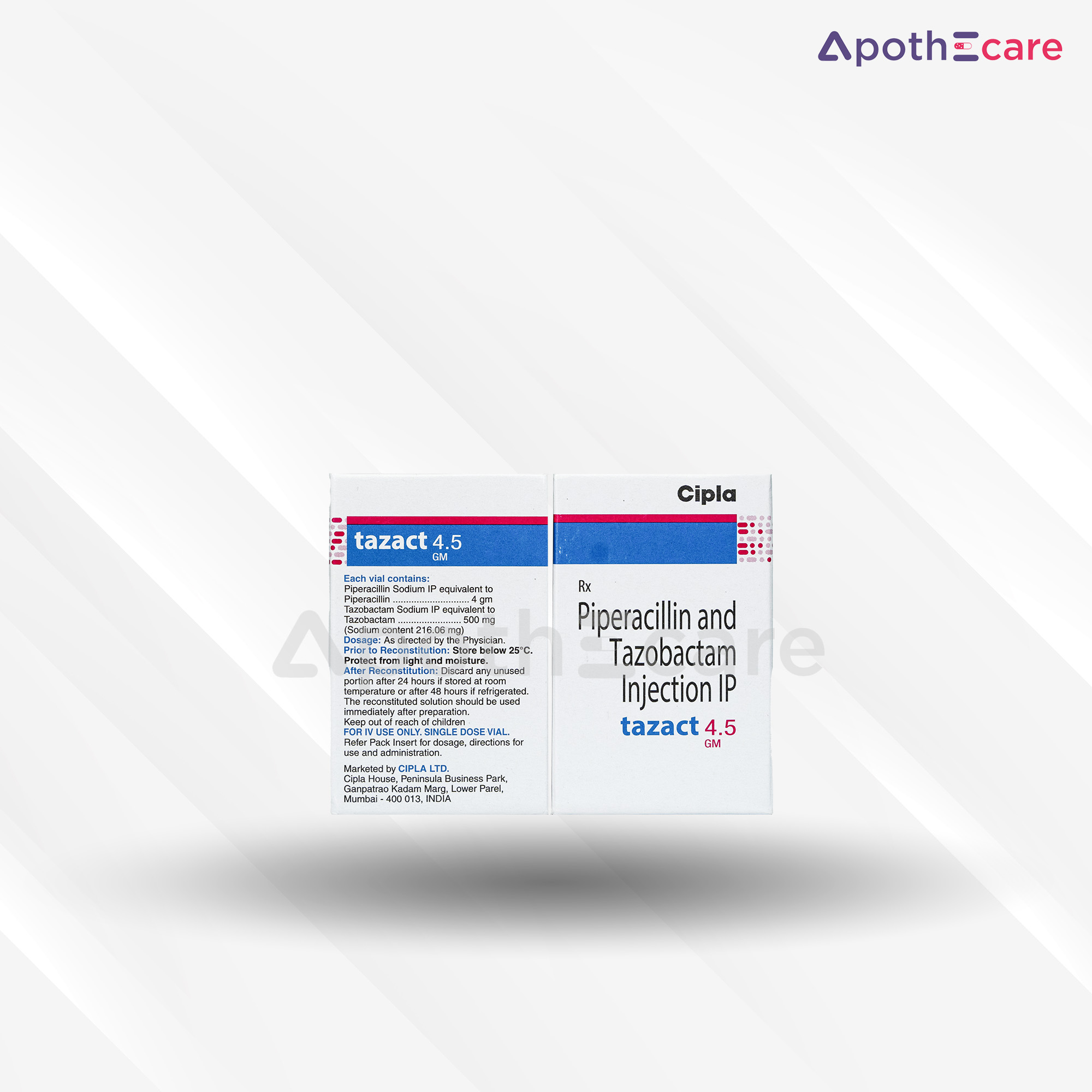 Tazact 4.5gm Injection, a medication for the treatment of bacterial infections.