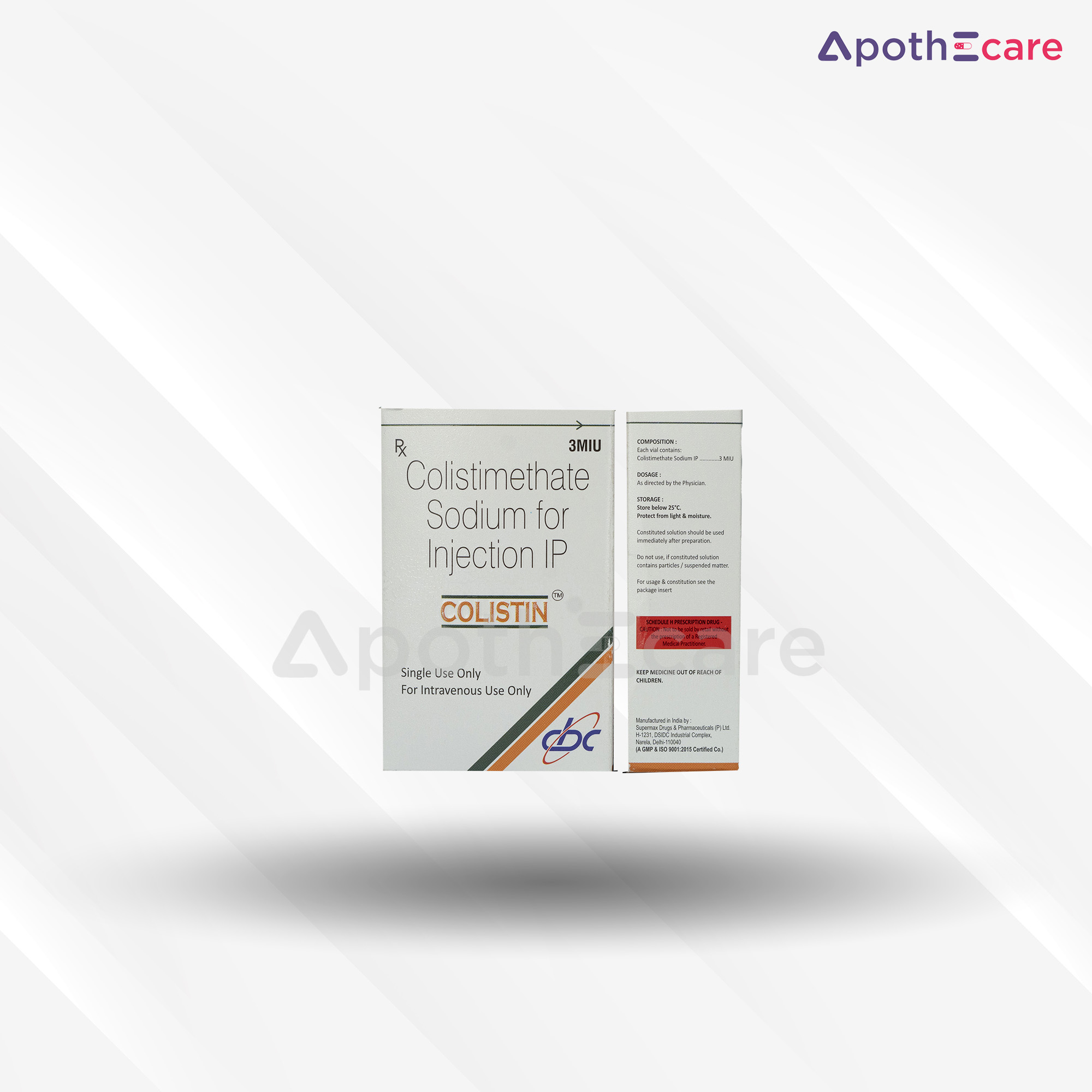 Colistin 3 MIU Injection pack of 1, used in bacterial infection treatments.