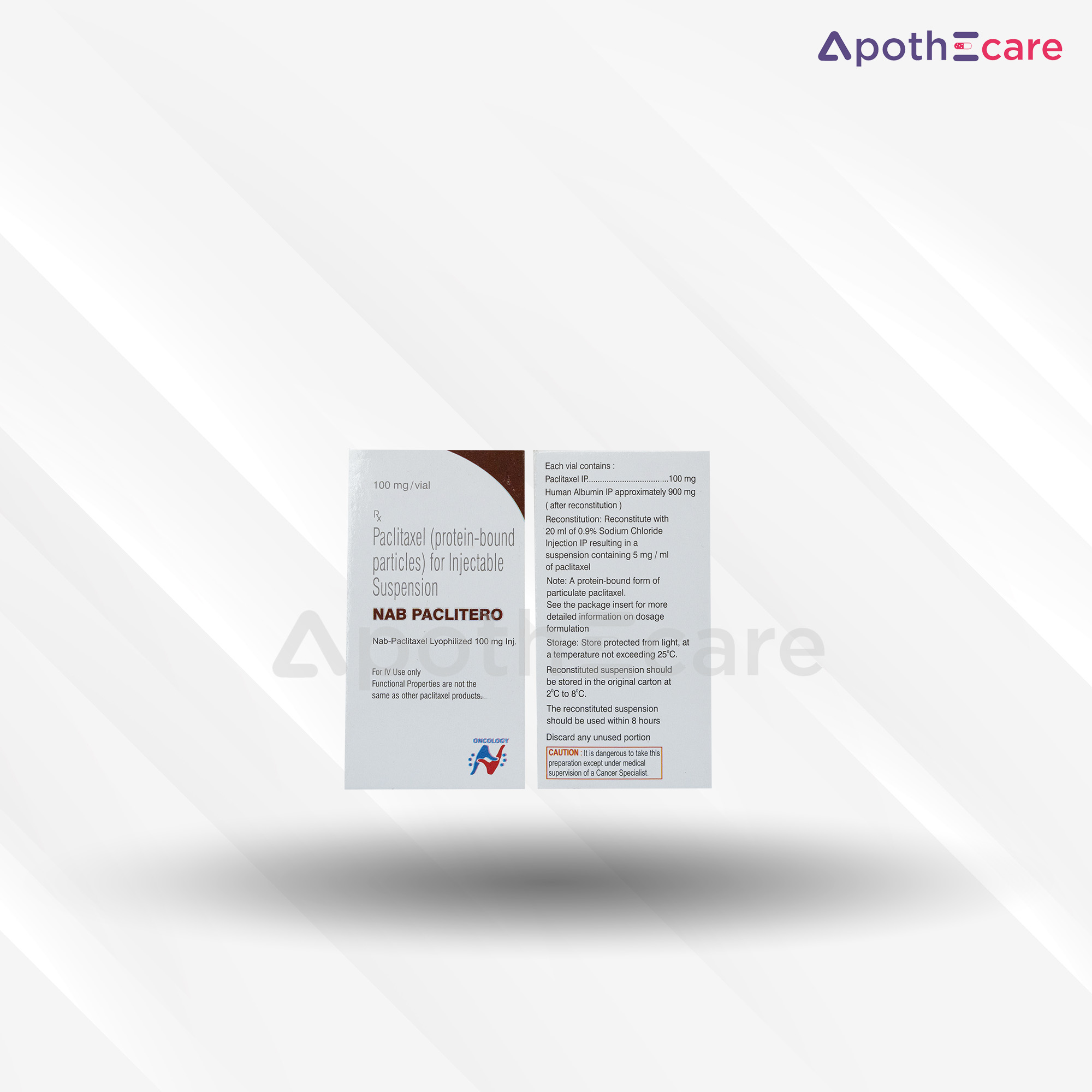 NAB Paclitero 100mg injection vial, used in cancer treatment.