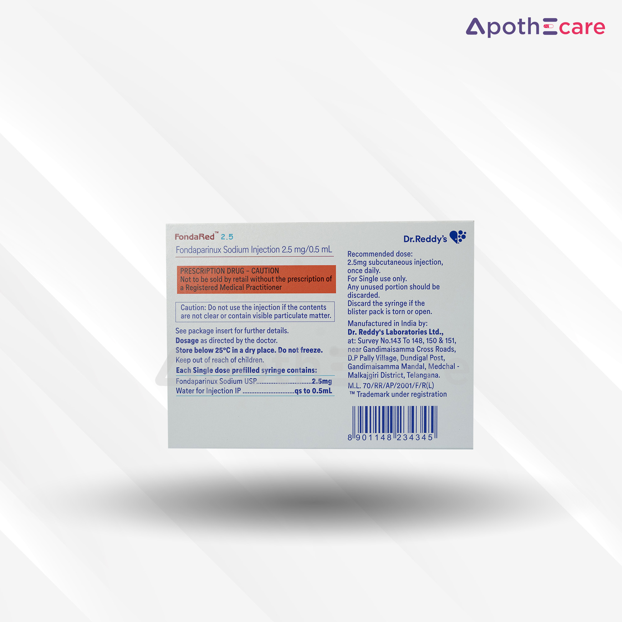 Fondared 2.5mg Injection, a medication for blood clot prevention and treatment.