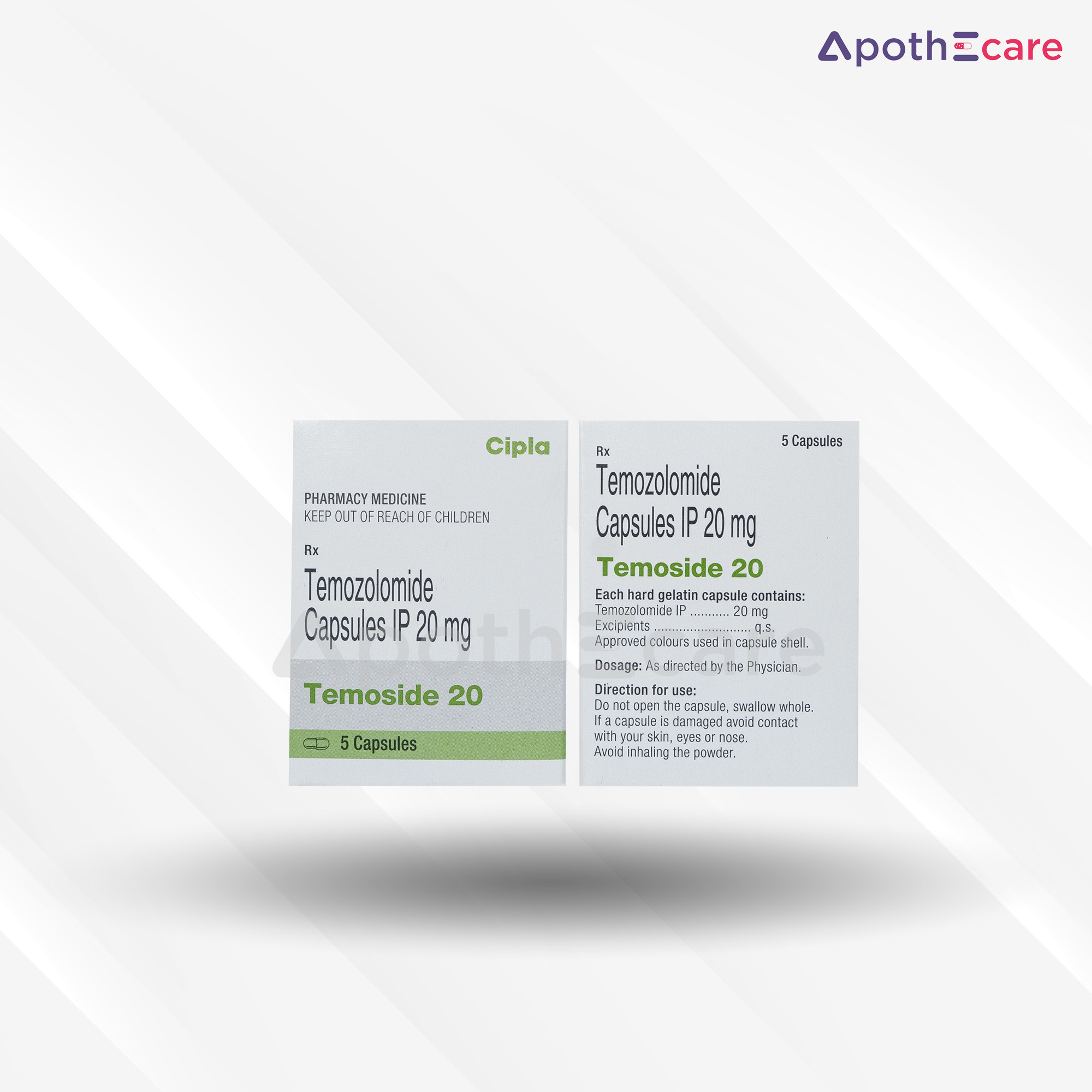 Temoside 20mg Capsule, used to treat certain types of brain cancers.