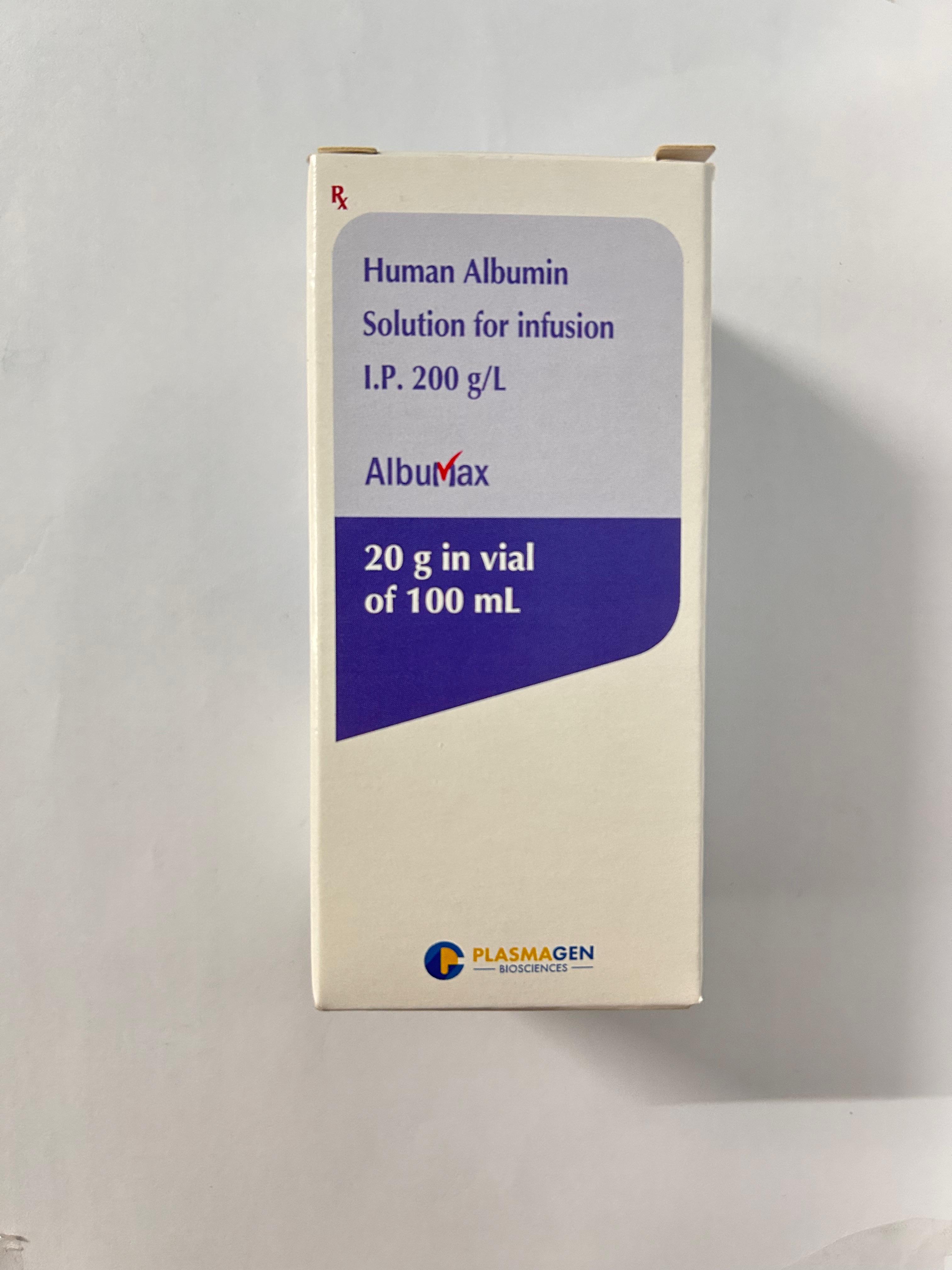 Albumax 20% Infusion, It is used to treat low blood albumin levels and blood volume loss from trauma, hemorrhage, surgery, or renal dialysis
