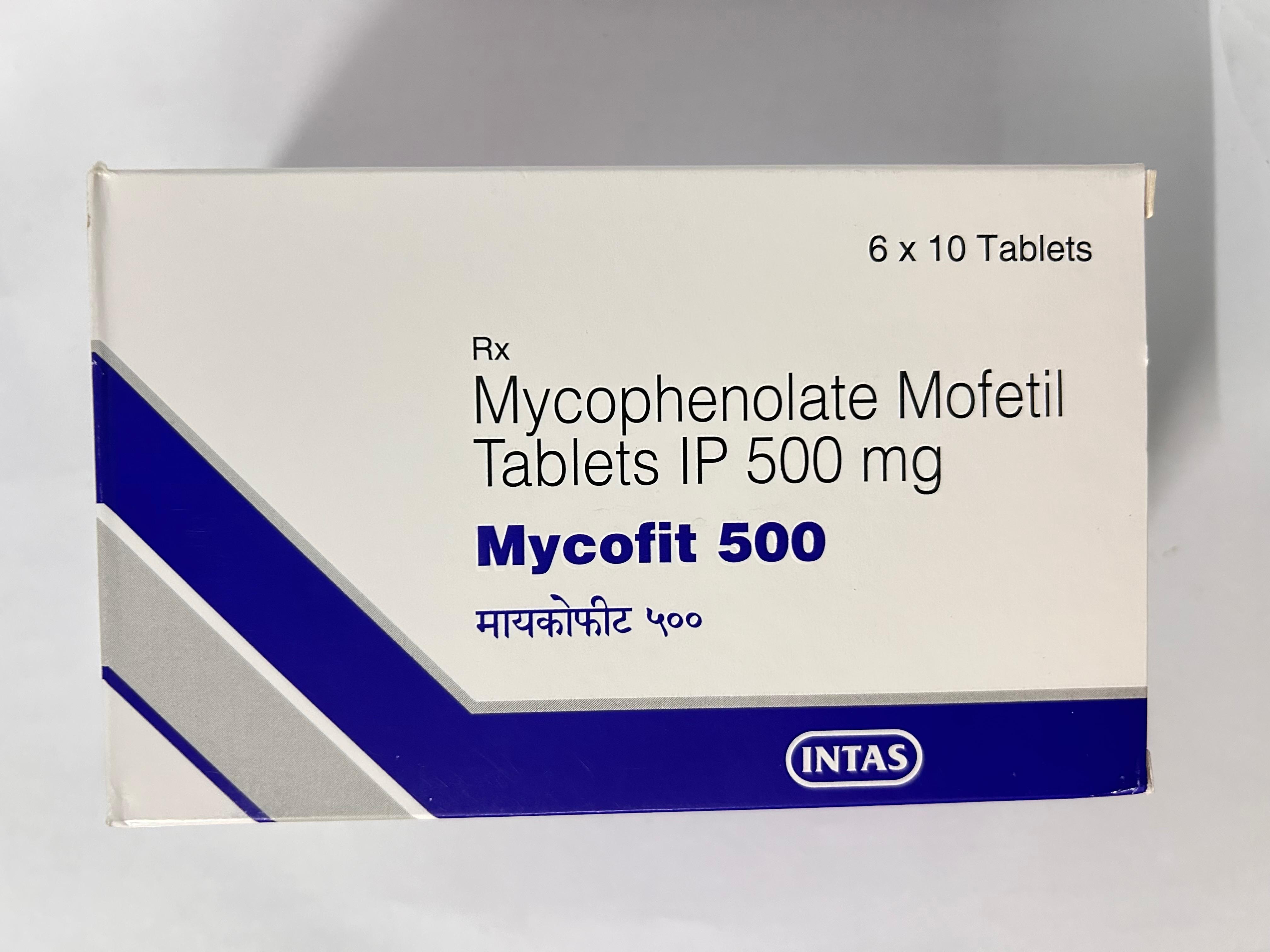 Mycofit 500mg Tablet, an immunosuppressive agent used primarily to prevent organ rejection in transplant recipients.