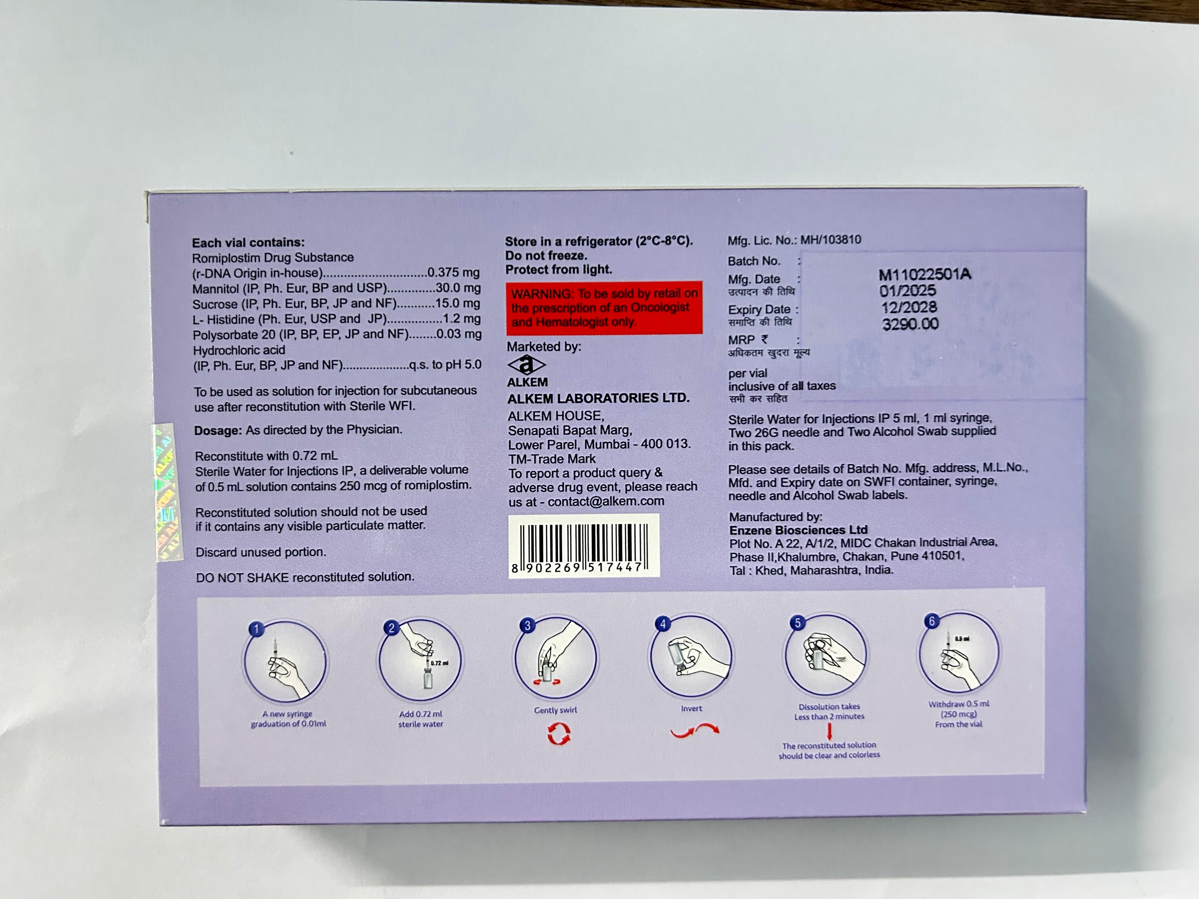 Romiset 250mcg Injection, is a thrombopoietin receptor agonist used primarily to treat thrombocytopenia