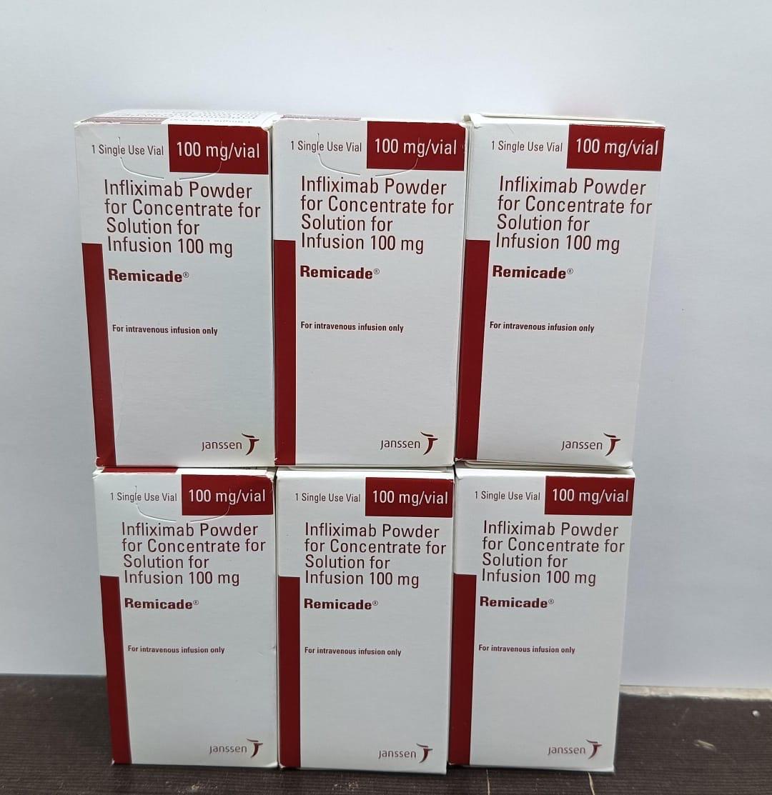 Remicade 100mg Injection, which is used to treat Crohn's disease, psoriatic arthritis, rheumatoid arthritis, ankylosing spondylitis, psoriasis, and ulcerative colitis.