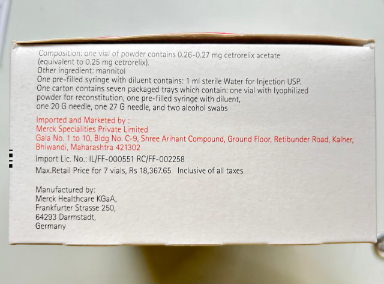 Cetrotide 0.25mg Injection used in Prevention of Premature Ovulation.